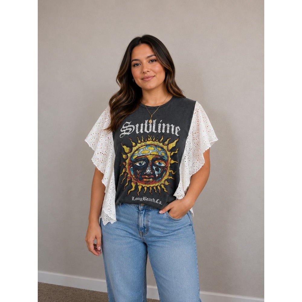 Sublime Band Graphic Tee White Eyelet Lace Butterfly Sleeve Charcoal Gray Top